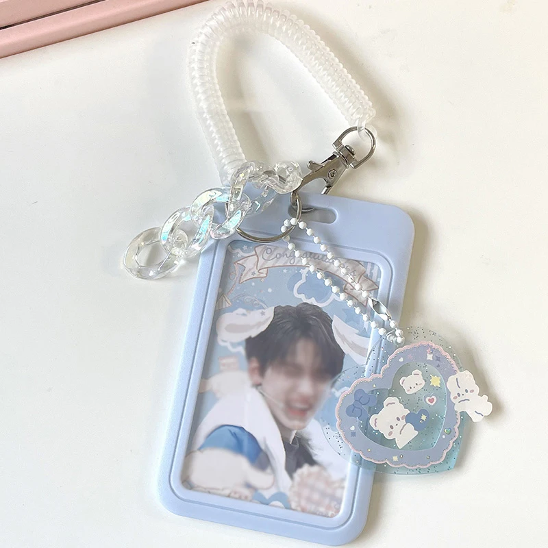 INS DIY Blue Pink Card Cover Sleeve Vertical/Horizontal Sliding Photocard Holder With Keychains Bus Card Protective Case Pendant