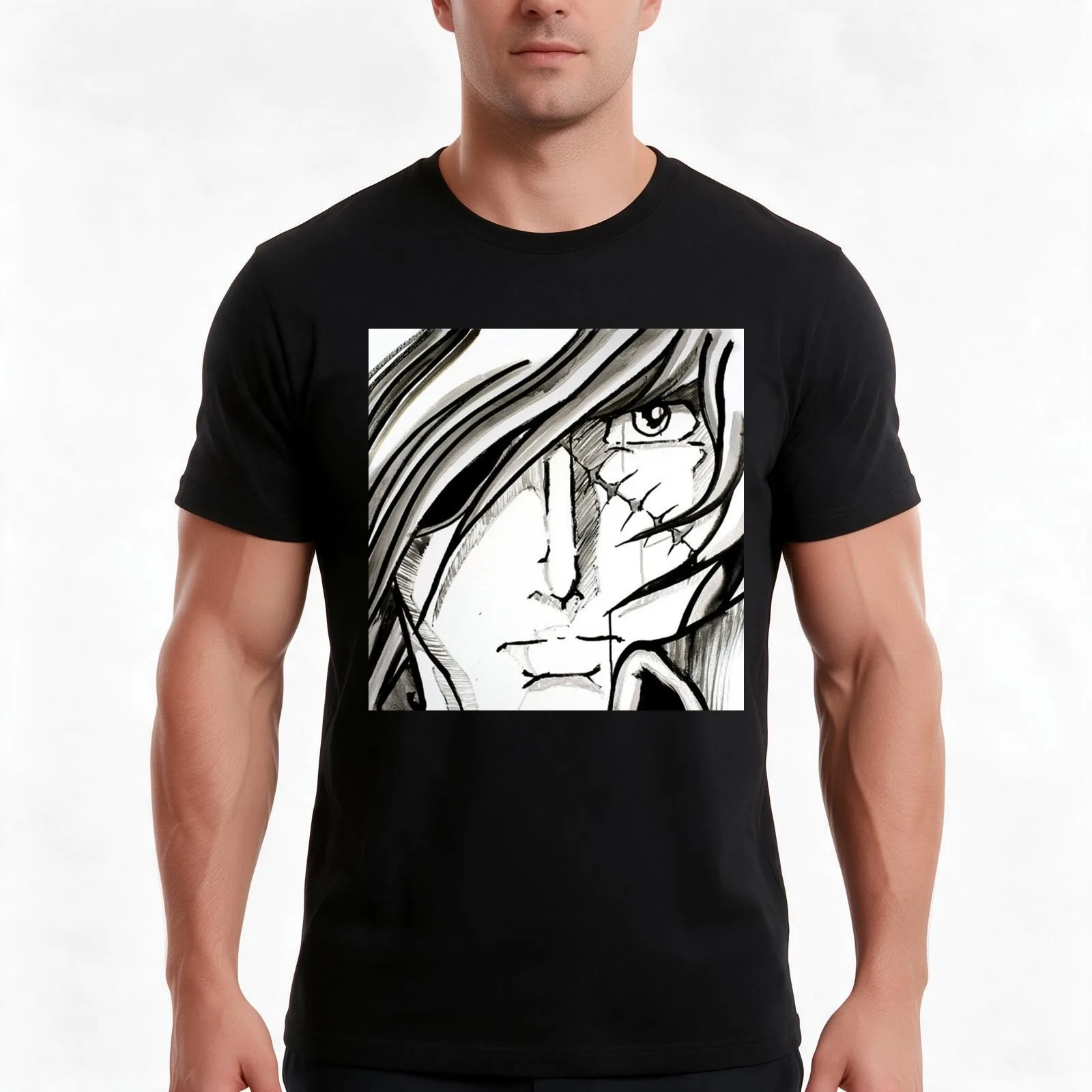 Albator pirate space black and white portrait scar T-Shirt, Summer Casual Cotton Tee, Oversized Streetwear Tops, 100% Cotton