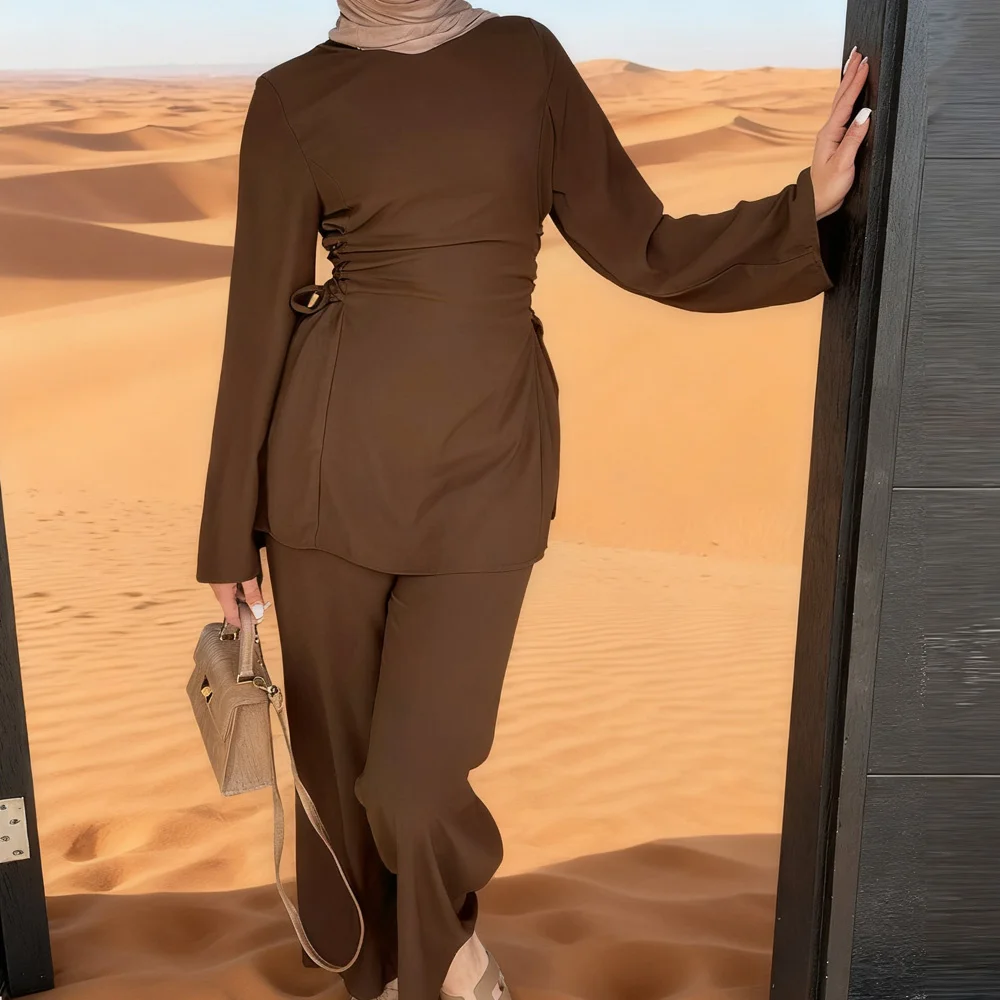 ชุดอีดสำหรับผู้หญิง ชุด 2 ชิ้น เสื้อผูกเชือกและกางเกง ดูไบ อบายา ตุรกี คาฟตัน ชุดมุสลิม ชุดสำหรับผู้หญิงมุสลิม