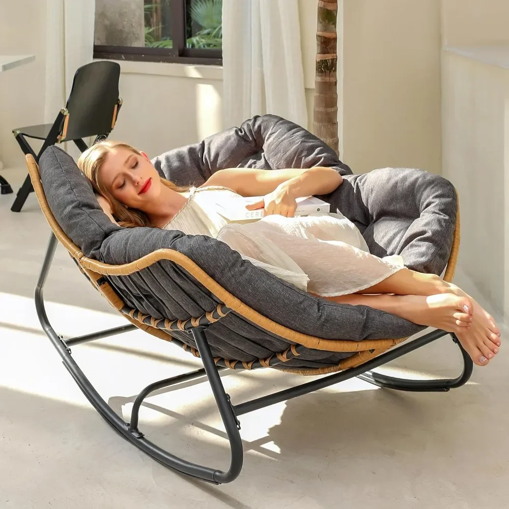 Outdoor Patio Rocking Chair, Oversized Indoor Reading Chair with Cushion, Modern Royal Wicker Papasan Chair for Porch, Garden