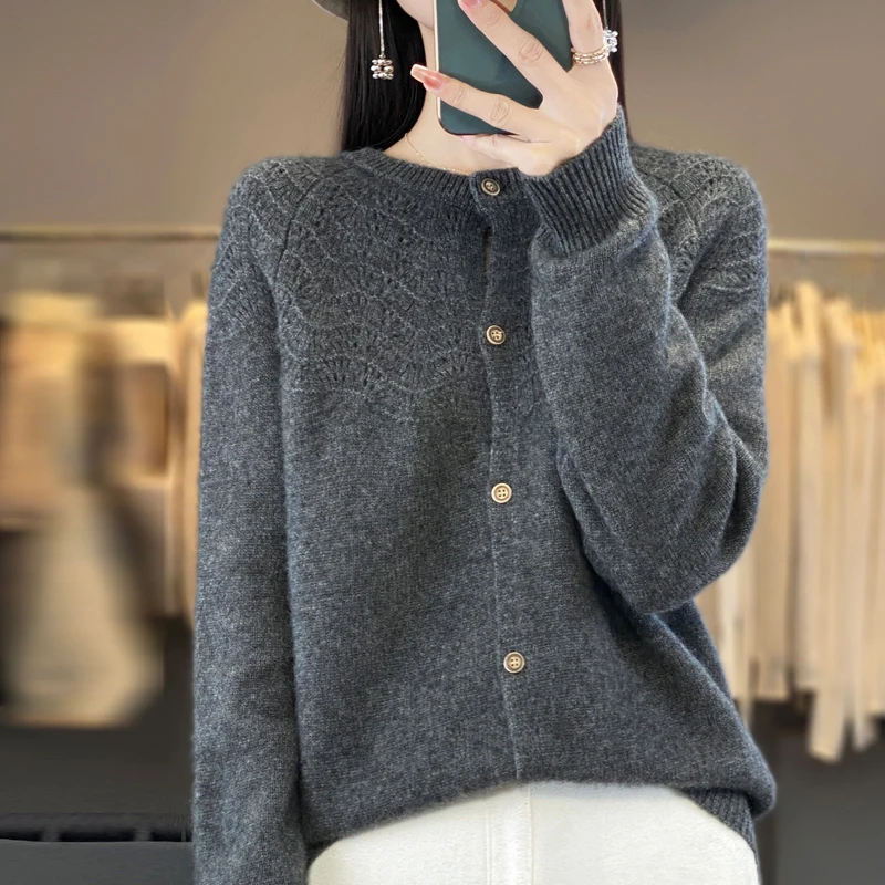 Autumn and Winter New 100% Pure Wool Cardigan Women's Round Neck Loose Jacquard Coat Fashion Warm Hollow Jacket Thick Base Shirt