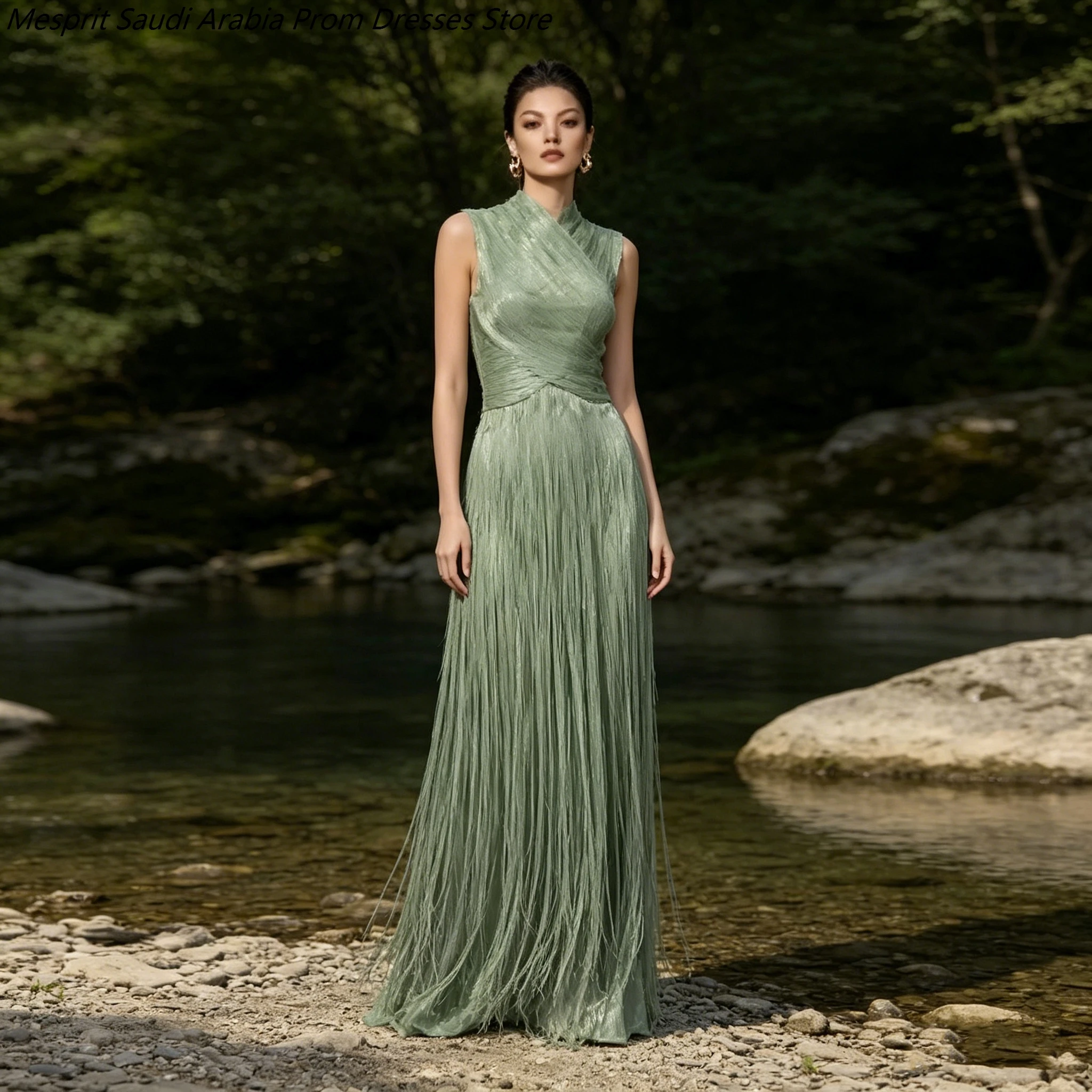 Women's A-line Evening Dresses Floor-length High-neck Sleeveless Prom Dresses Fashion Tassel Simple Draped Customized Gowns