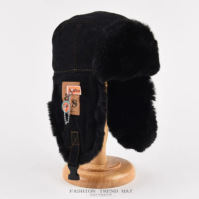 Men Women Winter Thick Trapper Hat Windproof Warm Ear‑Flap Cycling Cap Plush Patch Chain Decor Thermal Cotton Outdoor Beanie Hat