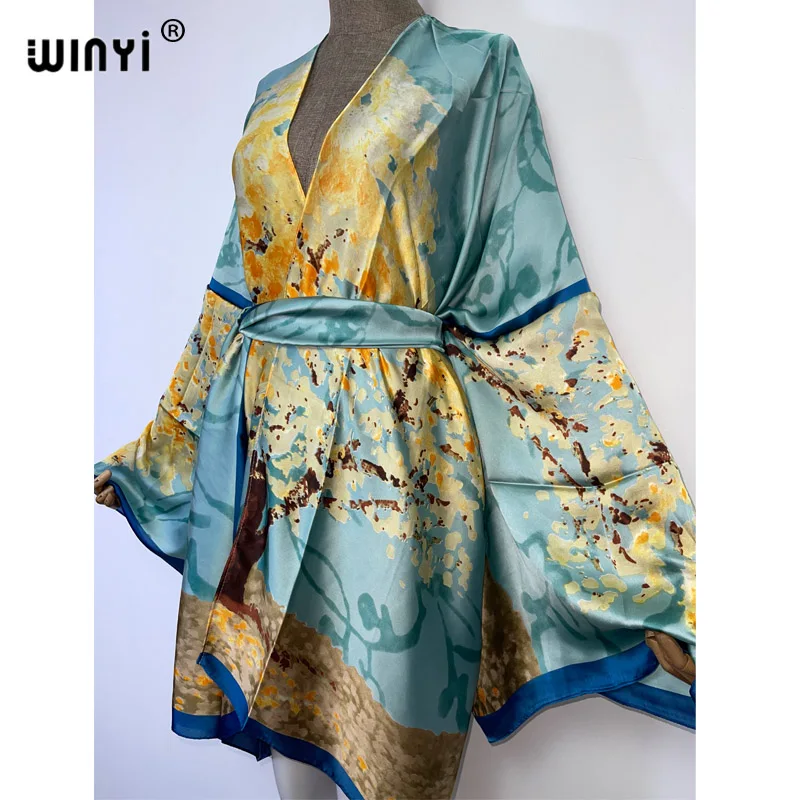 WINYI-Kimono à manches longues pour femme, cardigan auto-ceinturé, sexy, doux, bohème, point, sortie à la plage, vacances, été, nouveau, 2022