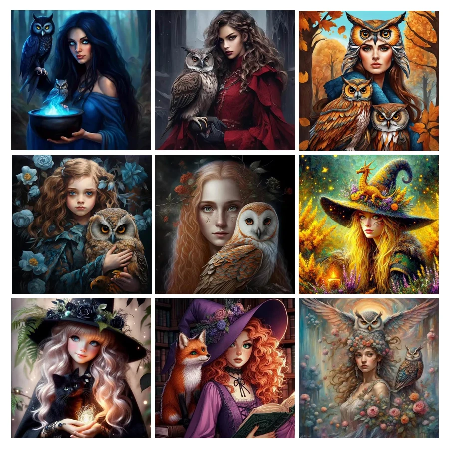 Fullcang Diy Diamond Painting New Collection Owl Woman Full Rhinestone Art Wizard Mosaic Embroidery Animals Picture Wall Decor