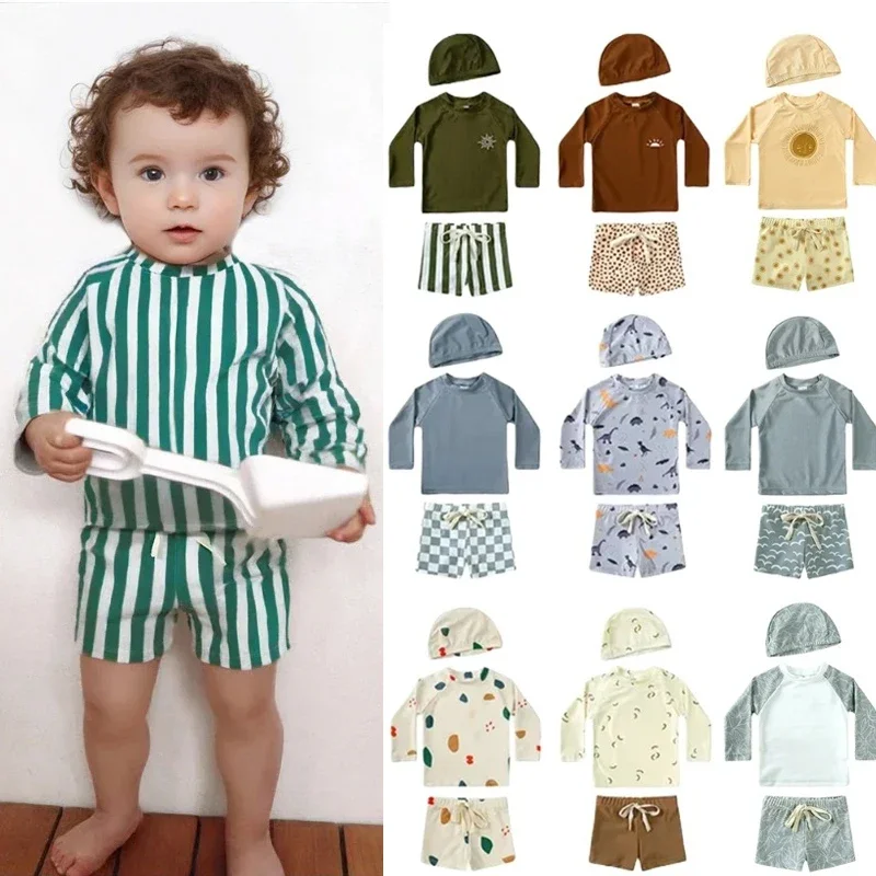 

2025 детские летние комплекты купальников, быстросохнущий топ с длинными рукавами для маленьких мальчиков + полосатые плавки, костюм для серфинга, купальный костюм для малышей