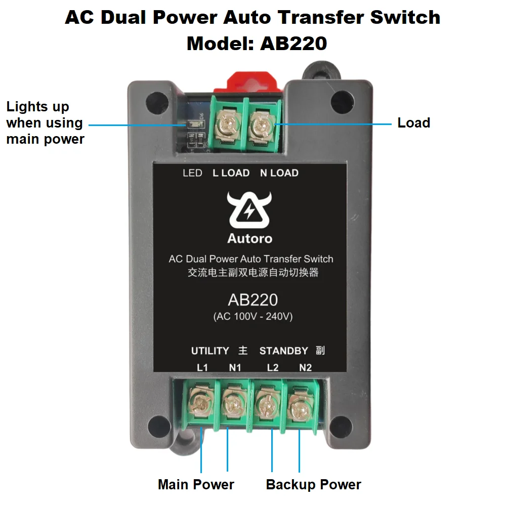 Autoro AB220 Automatic Transfer Switch ATS Dual Power 10A AC100-240V W/ LED Indicator for Generator Backup Power Safe Enclosure