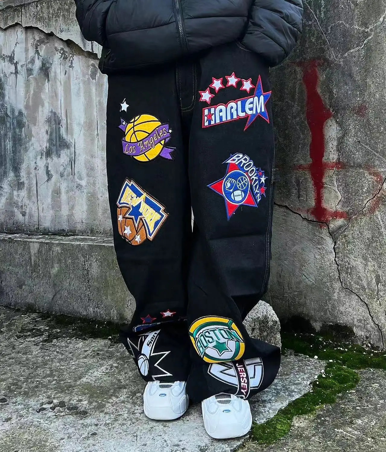 

Тяжелая вышивка Oldschool Хип-хоп Уличная танцевальная одежда оверсайз Уличная одежда Thi Джинсы Свободный крой Удобные дышащие