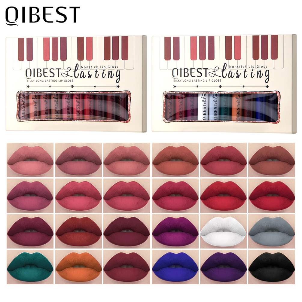 QIBEST 12pcs Matte Liquid Lipstick Set Waterproof Long Lasting Velvet Nude Red Lip Gloss Tint Makeup Cosmetic Lipsticks Lipgloss