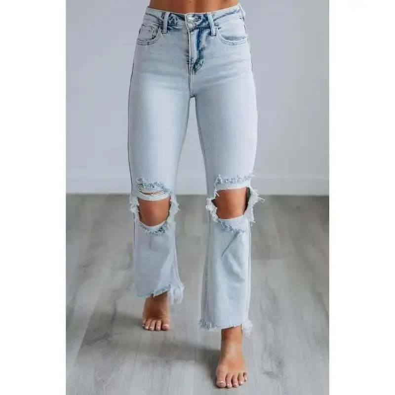 Denim Pant Women Jeans Long Pants Hole Slim High Waist Straight Trousers Y2k Streetwear Elegant Splice Bodycon Mom Jeans 2025