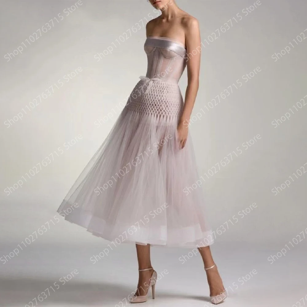 

Elegant Long Prom Dresses for Women Tulle Strapless Tea-Length A-Line Wedding Guest Dance Dress Special Events Vestidos 2024