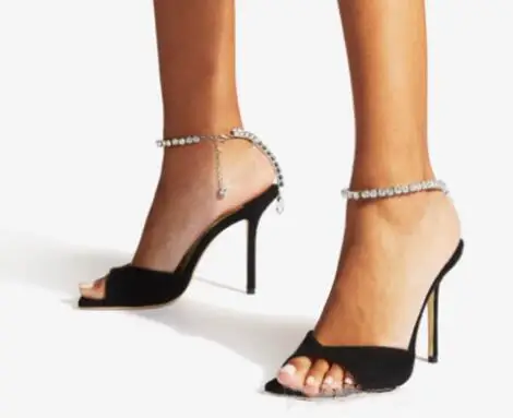 Sliver Bling Crystal Rhinestone Ankle Strap Square Peep Toe Summer Shoes Women Black Suede 100 Embellished Heeled Sandals Lady