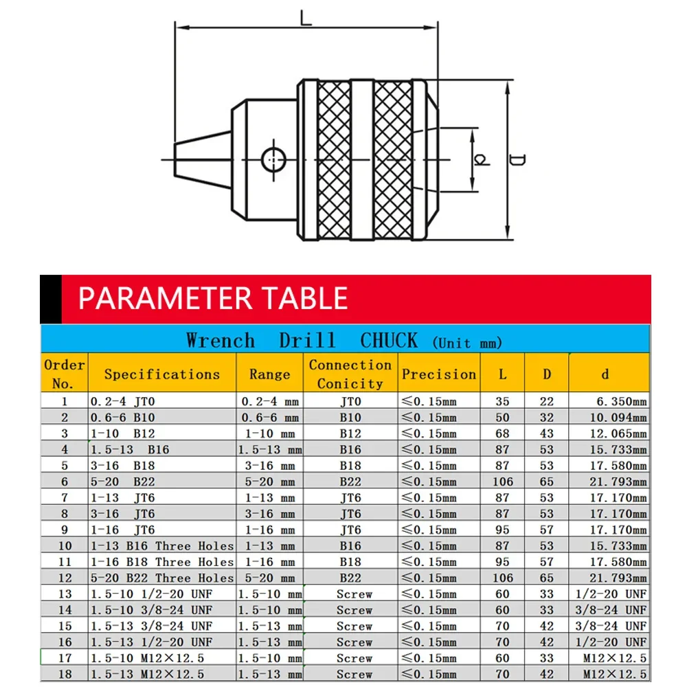 Drill Chuck B10 B12 B16 B18 JT6 0.6-6 1-10 1.5-16 1.5-13 3-16 1-16MM  For CNC Machine Tool   Drill Clamp With Wrench