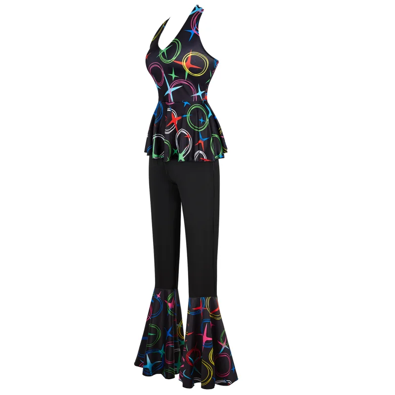 Retro 60s 70s 80s 90s Disco Fancy Dress Outfit Set Halterneck Sleeveless Slimming High Waist Trousers  Hippie Party Clothing