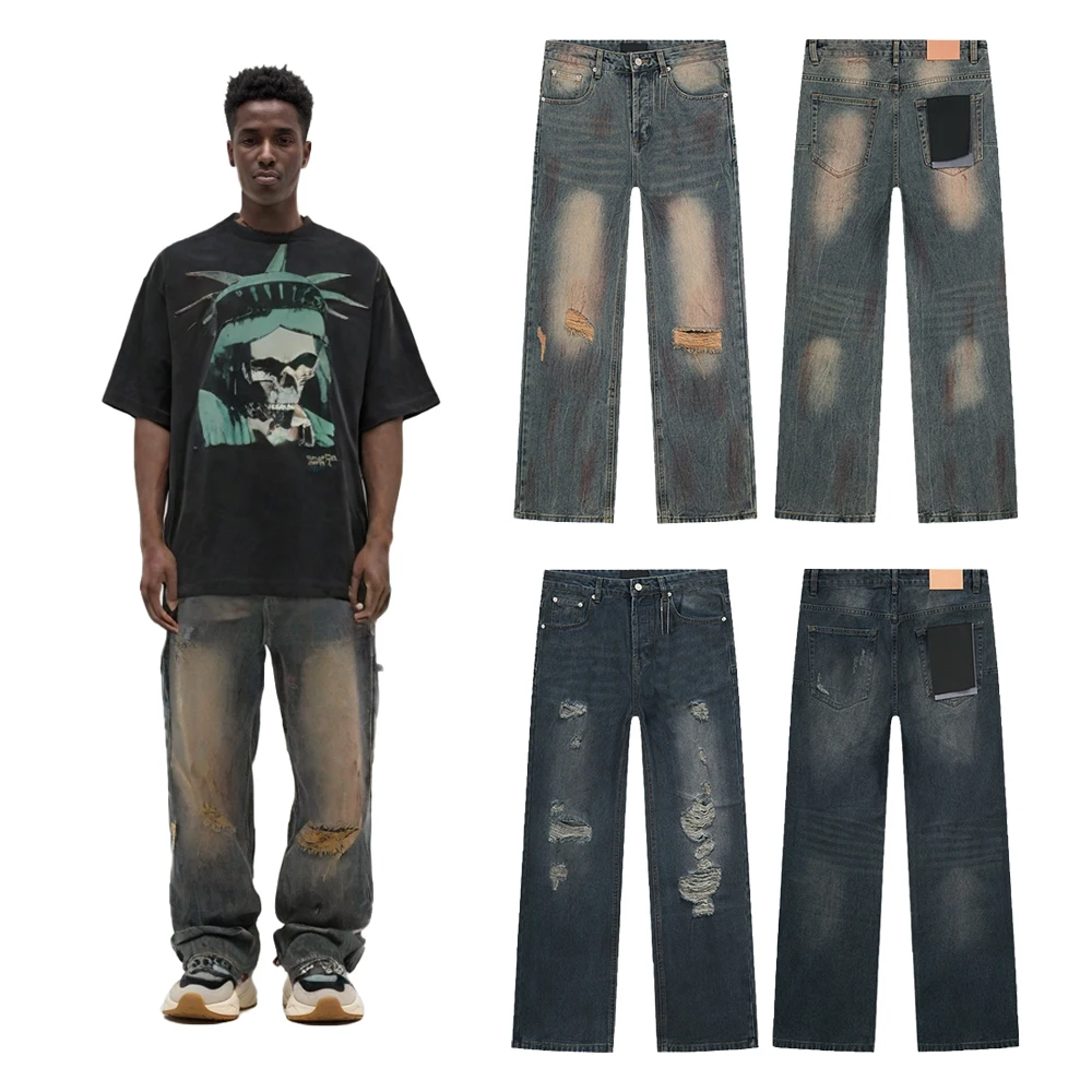 

Y2k Loose Straight Denim Jeans with Distressed Ripped HipHop Street Style Retro Casual Streetwear Clothing Baggy Jeans for Men’s