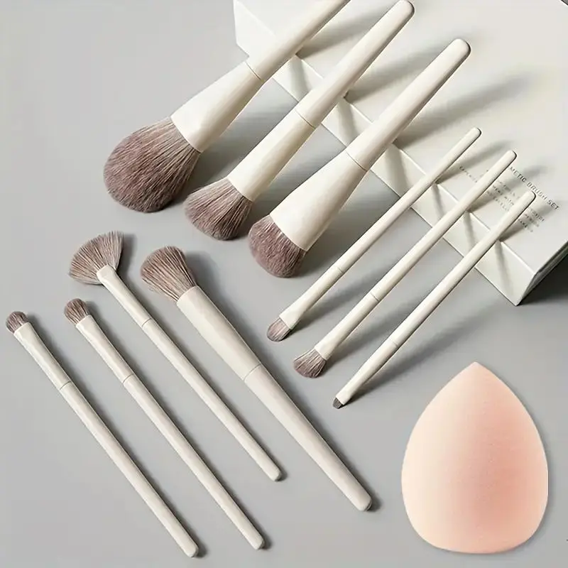 10-Piece Premium Makeup Brush Set with Blending Sponge - Synthetic Kabuki Brushes for Flawless Face & Eye Makeup Application