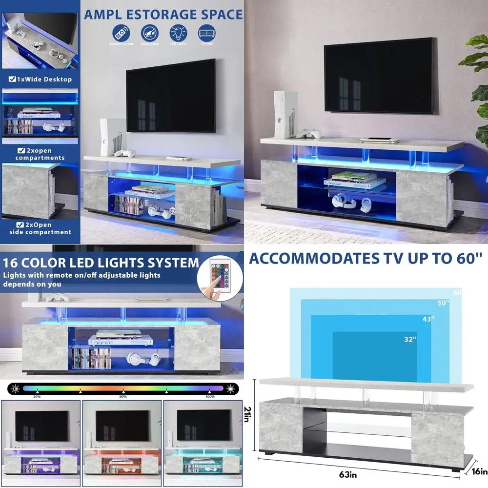 Modern Gray Entertainment Center for 60-69 TVs with Power Outlets, Gaming Storage, LED Lighting
