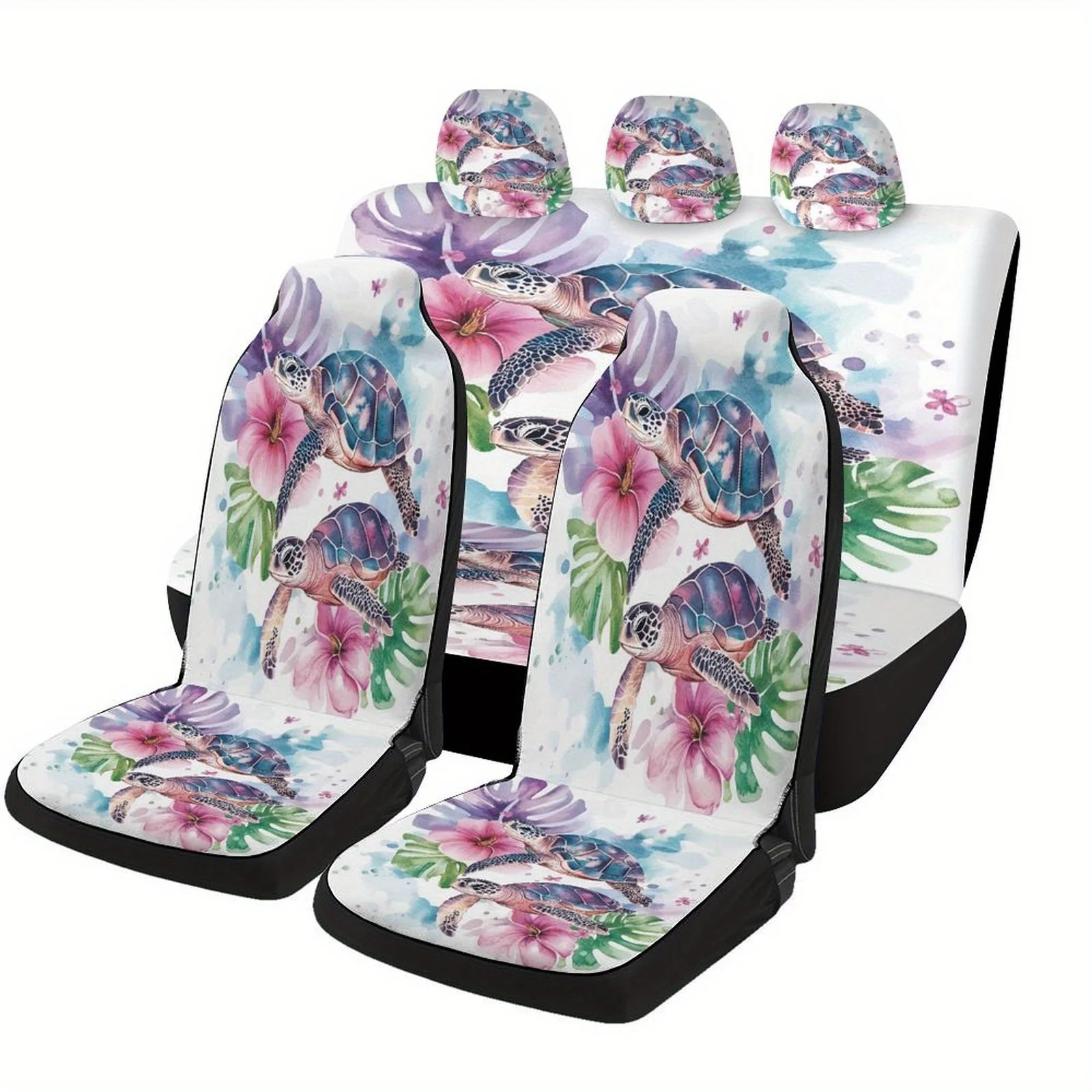 Set Of Car Seat Covers Featuring A Tropical Turtle Design, Suitable For A Variety Of Vehicles. This Stylish And Unique Full Set