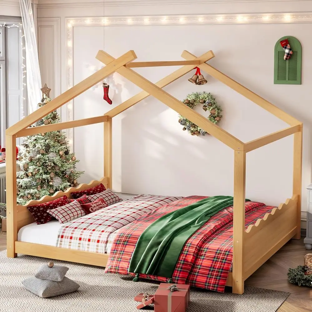 

Кровать-платформа Queen Size из массива дерева с опорными ламелями, низкопрофильный дизайн для детей/подростков, не требует пружинного блока, натуральная отделка