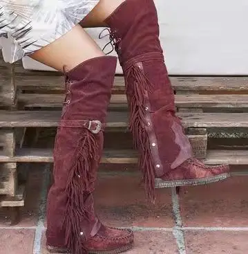 Women Boots Fashion Bohemia Knee-length  Ethnic Personality High Boot Tassels Faux Suede Boots Girl Flat Bottom Long Botas Mujer