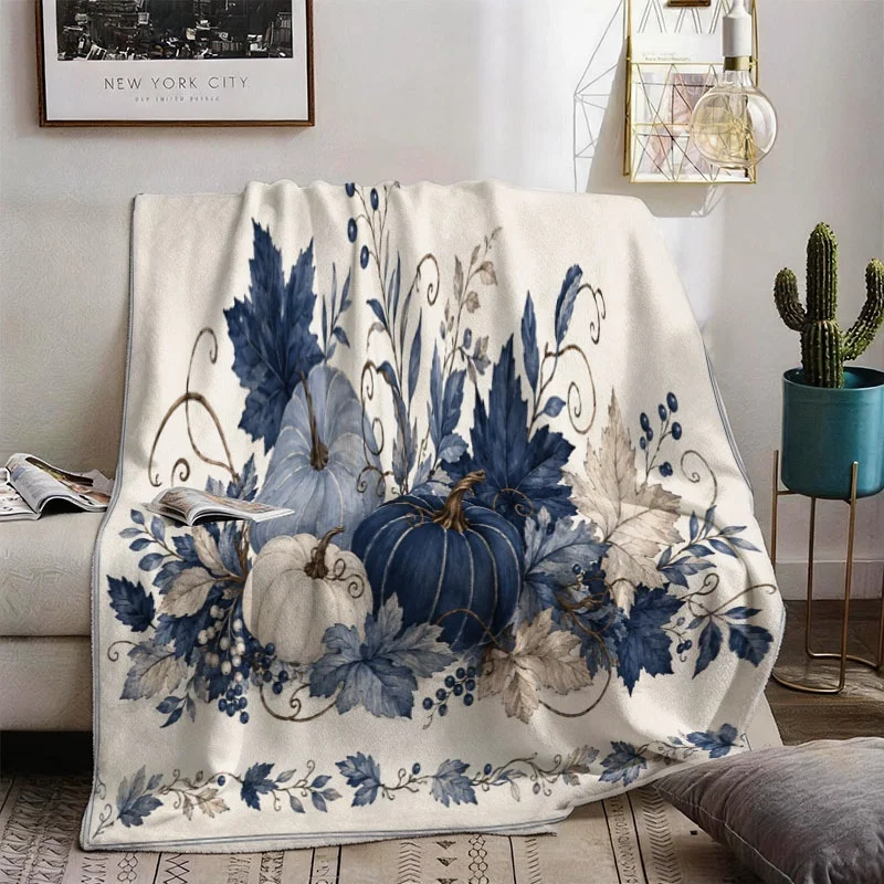 Cozy Boho Pumpkin Watercolor Throw Blanket Autumn Fall Decorative Rustic Cream Beige Harvest Print Accent Throw Knit Wrap Sofa