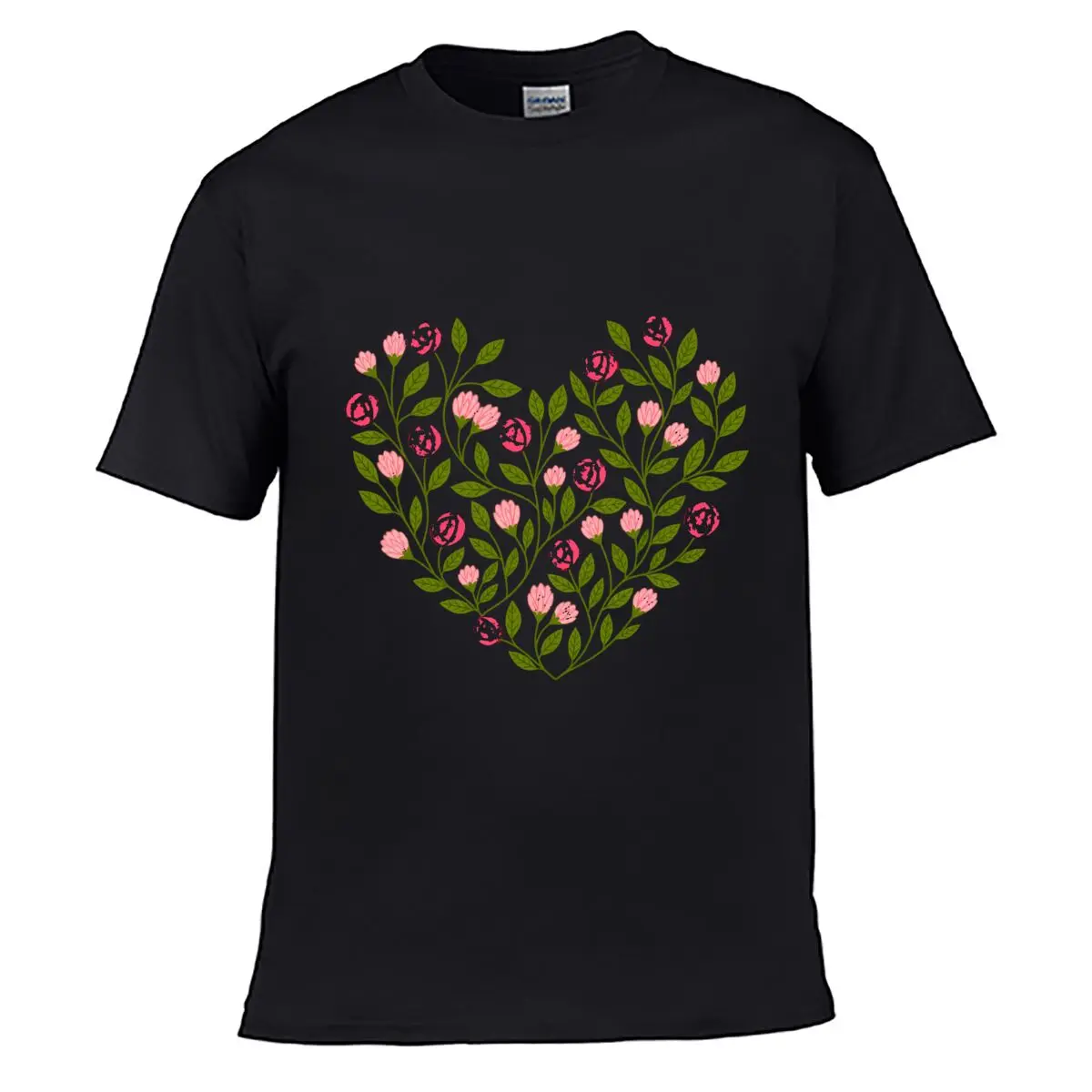 Pink Floral Heart Green Leaves Botanical Pattern Summer short-sleeved Loose Top