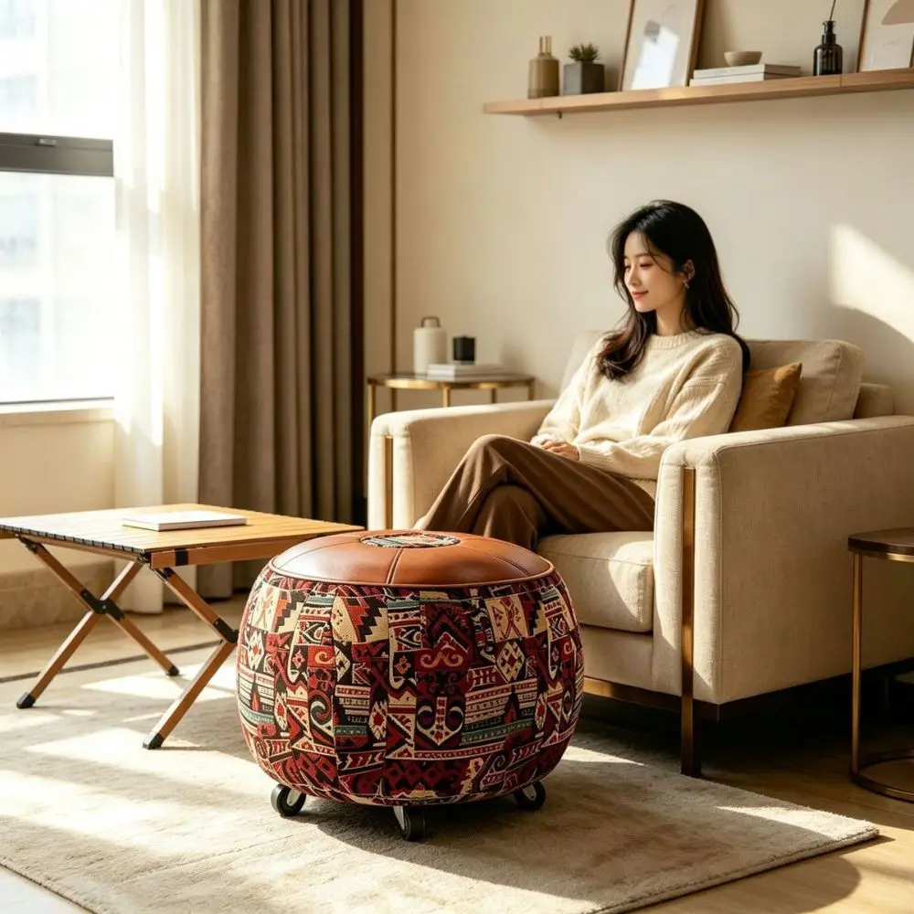 With Wheels Boho Seat Cushion Cover Embroider Craft Leather Sofa Stool Cover Large Capacity Waterproof Storage Leg Bench