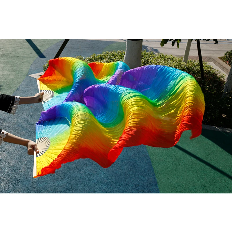 High Quality Chinese Silk Belly Dance Fan 100% Real Silk 120cm/150cm/180cm Rainbow Striped Fan Wholesale Handmade Dance Props