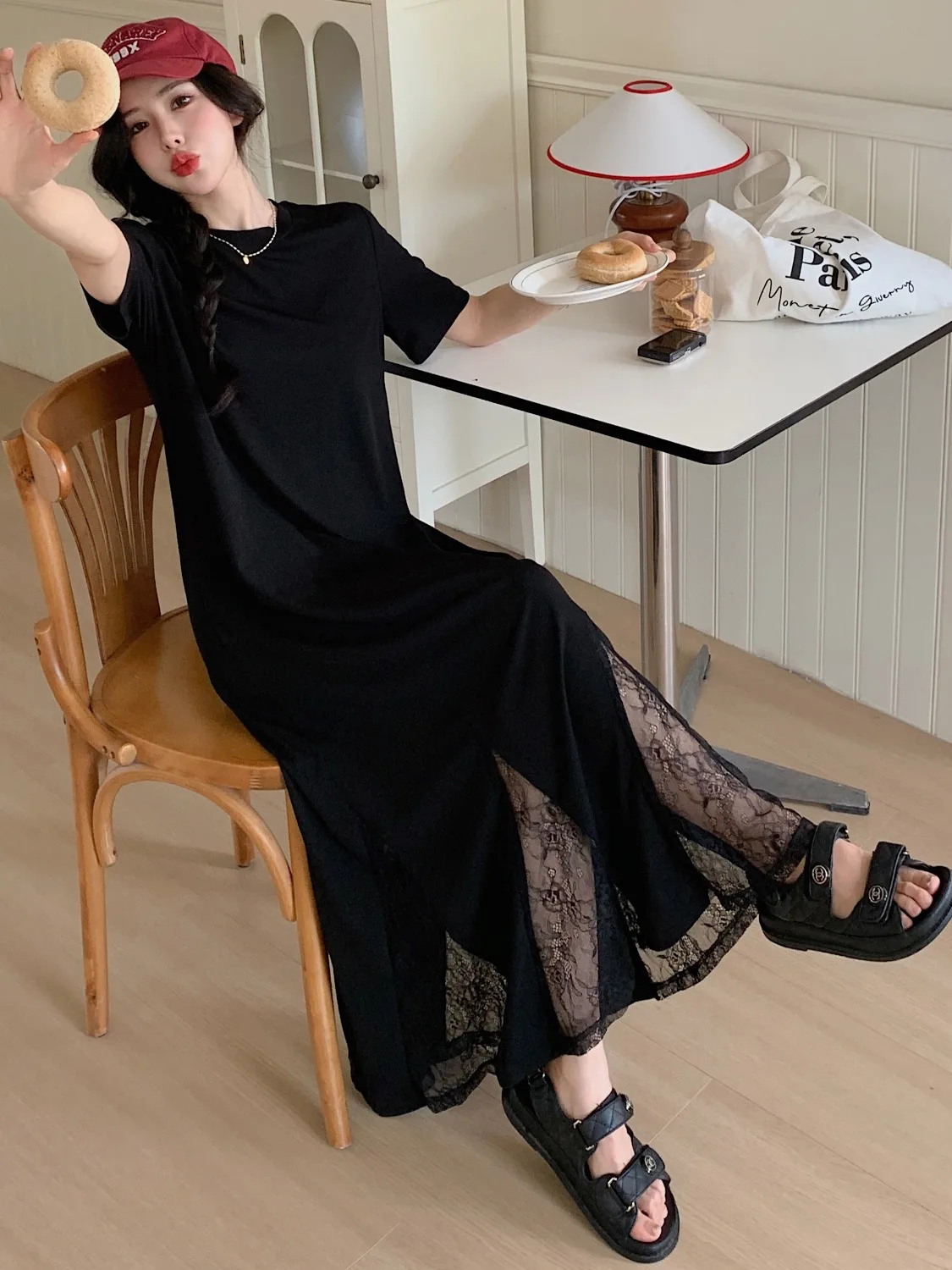 Coréen Sle ample minceur épissure couleur moi Fi queue longue Dr femmes Ele décontracté genou longueur t-shirt Dr