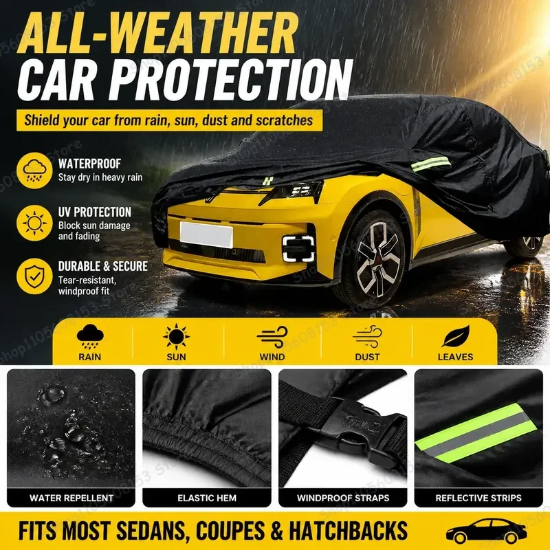 

For Renault 5 Car Cover UV Protection Rain Snow Resistant Dustproof Outdoor Full Coverage Sun Shade Black Weatherproof Auto