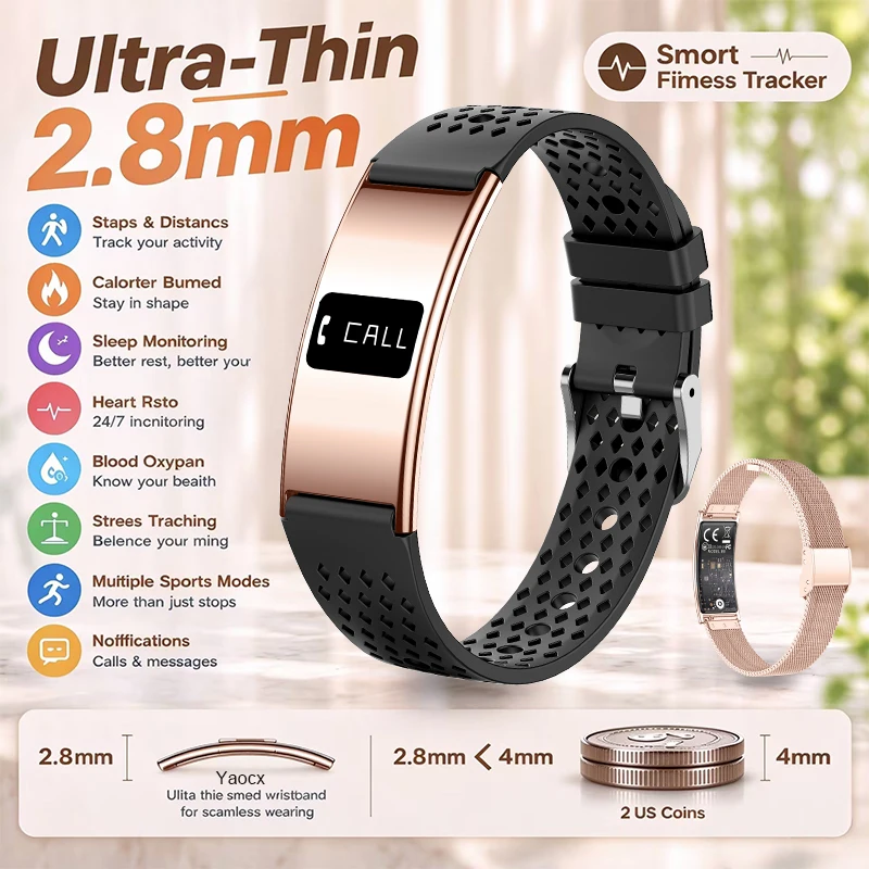 Ultra Light 2.8mm Smart Bracelet Heart Rate Blood Oxygen Stress Sleep Step Calorie Tracker IPX8 Waterproof Sport Smart Band