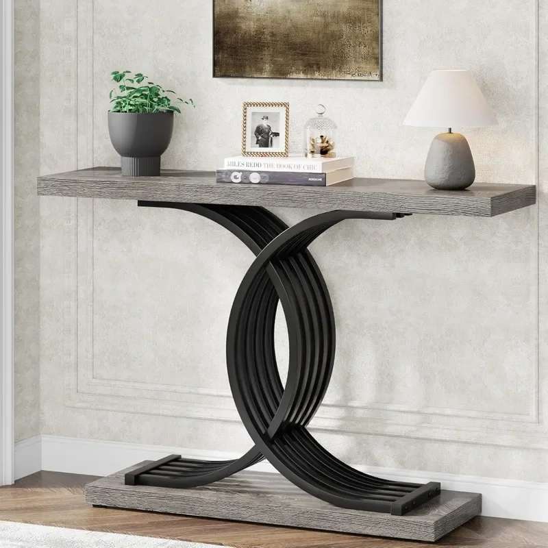 Industrial Entryway Table, 39-Inch Vintage Console Table Accent Table with Geometric Metal Legs, Narrow Wood Sofa Table