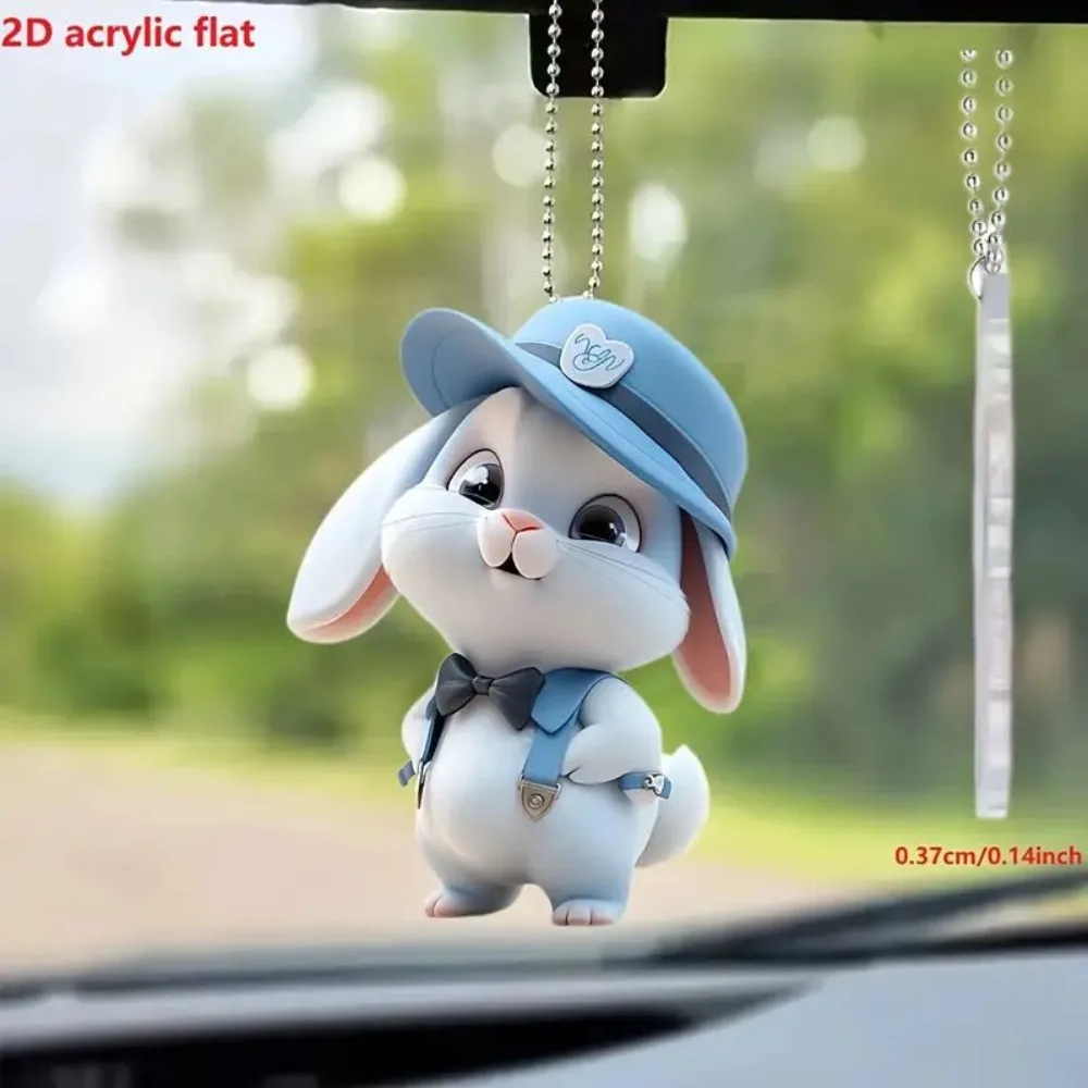 2D Flat Rabbit Bunny Acrylic Keychain Car Pendant Interior Rearview Mirror Decorative Animal Keyring Mobile Phone Bag Pendants