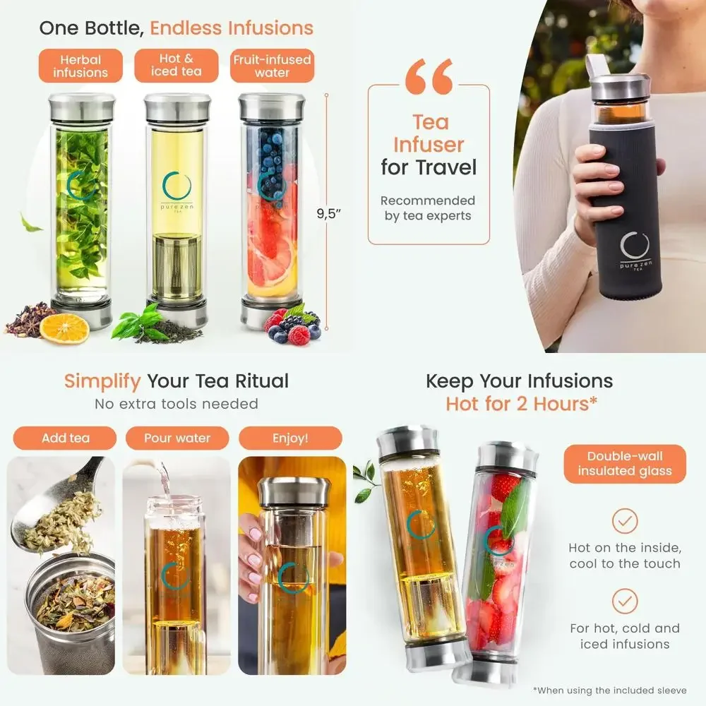 

Tumbler with Infuser - Double Wall Glass Travel Mug with Stainless Steel Filter - Leakproof Tea Infuser Bottle for Loose Leaf In