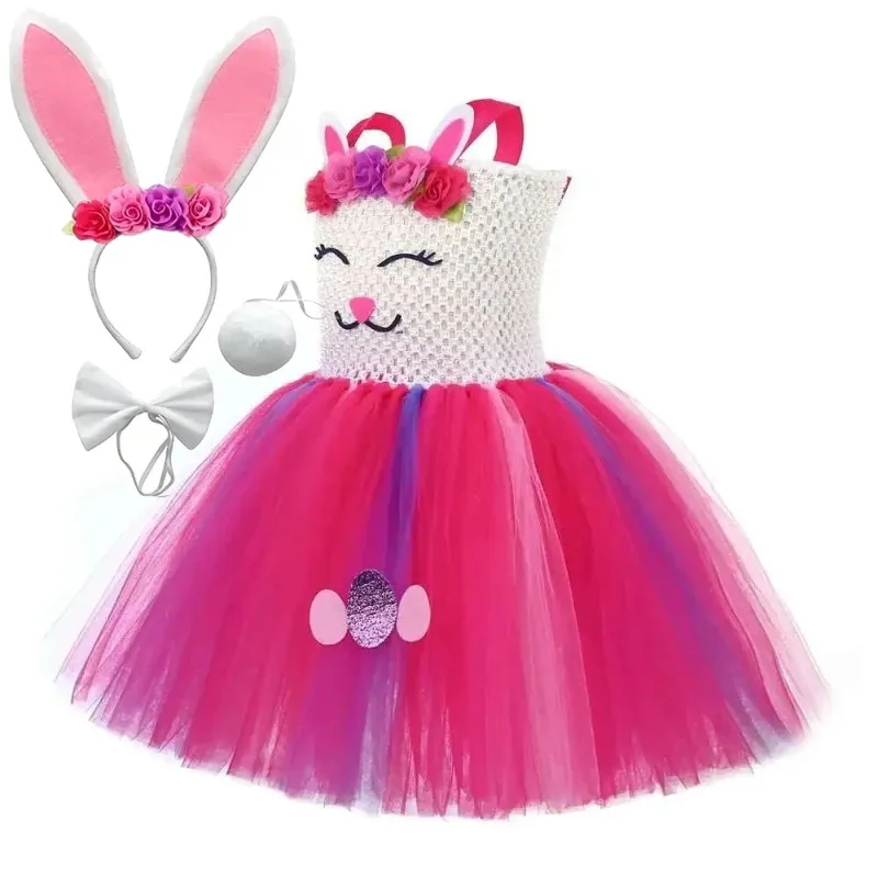 Cute plush dress for girls with rabbit design, decorated with rabbit ears, bows and a rabbit tail. Ideal for holiday parties.