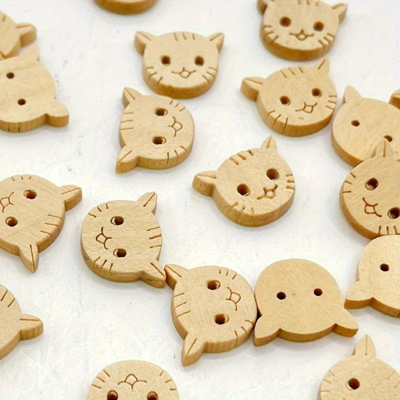 100pcs Wooden Cute Cat Buttons, 2 Holes, Wood Kitty for Coat Sweater Sewing Knitting Crochet DIY Craft view 2