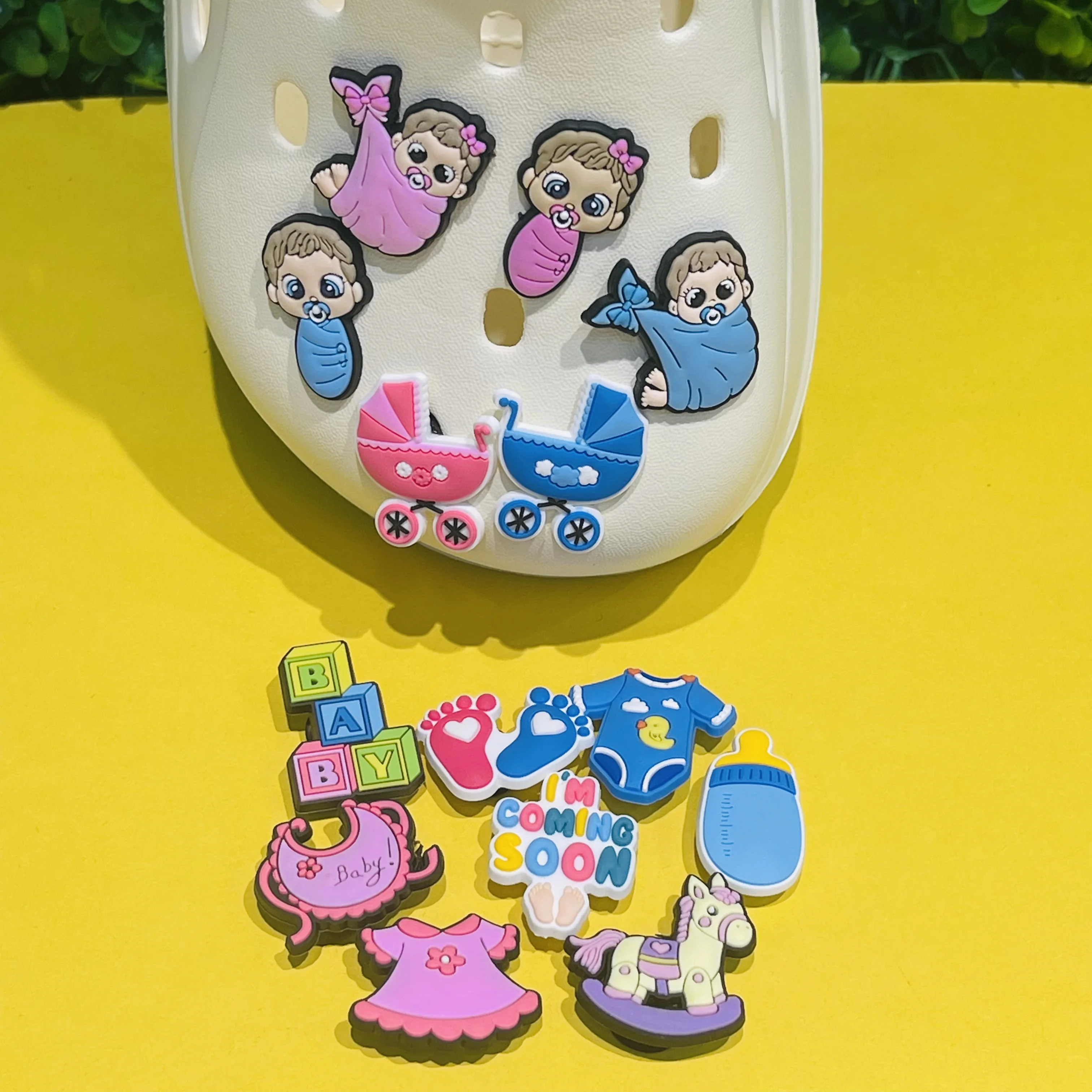 1-14pcs Lovely Baby Carriage Clothes Garden Shoes Accessories Bro I\'m Coming Soon Charms Fit Children Holiday Gifts