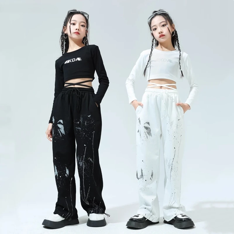 Girls Streetwear Crop Top Splash Ink Loose Pants Child Hip Hop Graffiti T-shirt Clothes Sets Kids Cool Street Dance Jazz Costume