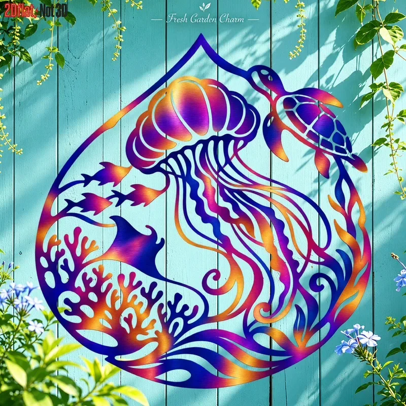 CIFbuy Colorful Jellyfish Turtle Coral Metal Wall Art Ocean Theme Hanging Sculpture for Coastal Villa Patio Fence Nautical Decor