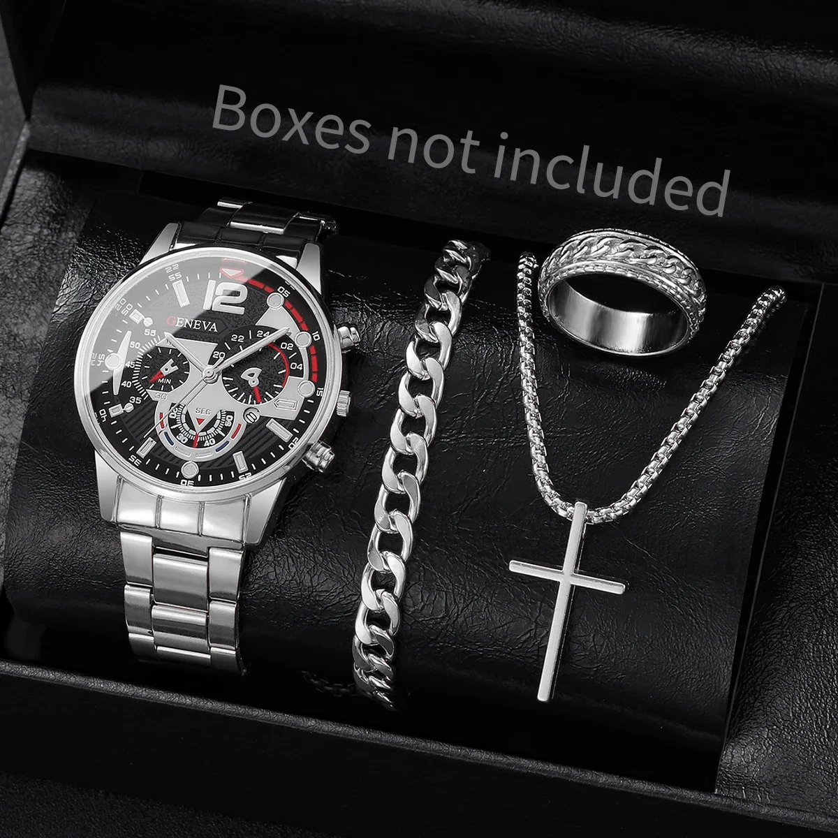 

8pcs-Trendy Hip-hop Men's Business Watch Bracelet Ring Set, Analog Quartz Watch Men's Clock (no Box)