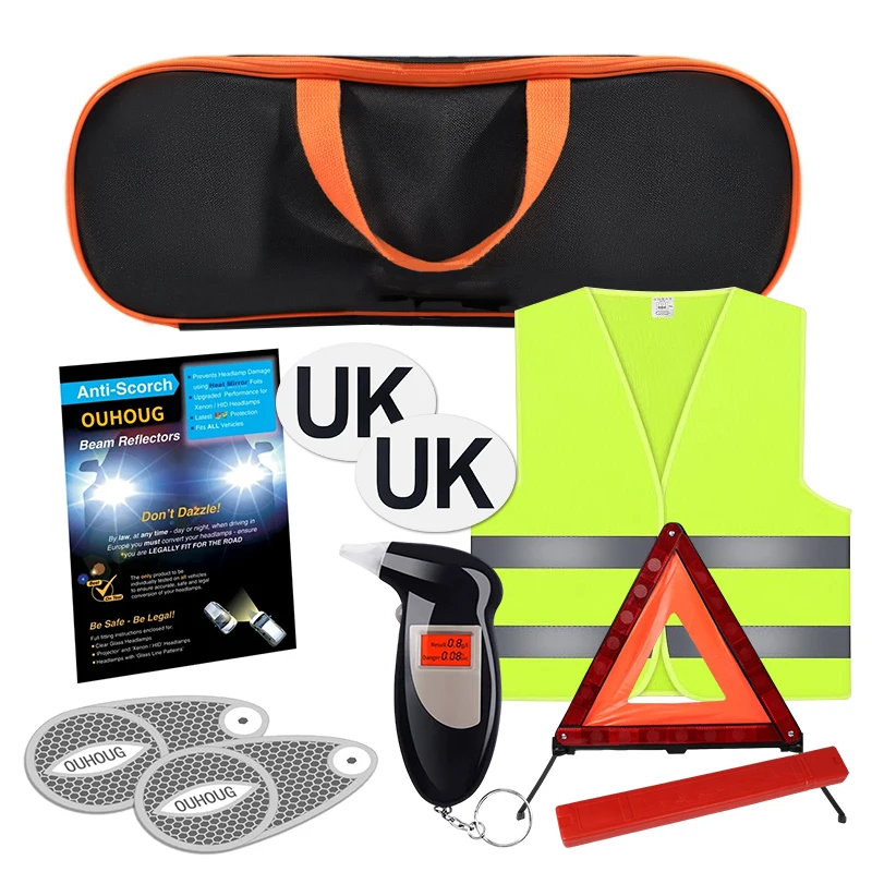 8 PCS Europe Car Travel Kit European Driving Kit Digital Alcohol Breathalysers Warning Triangle Storage Bag Headlight Deflectors
