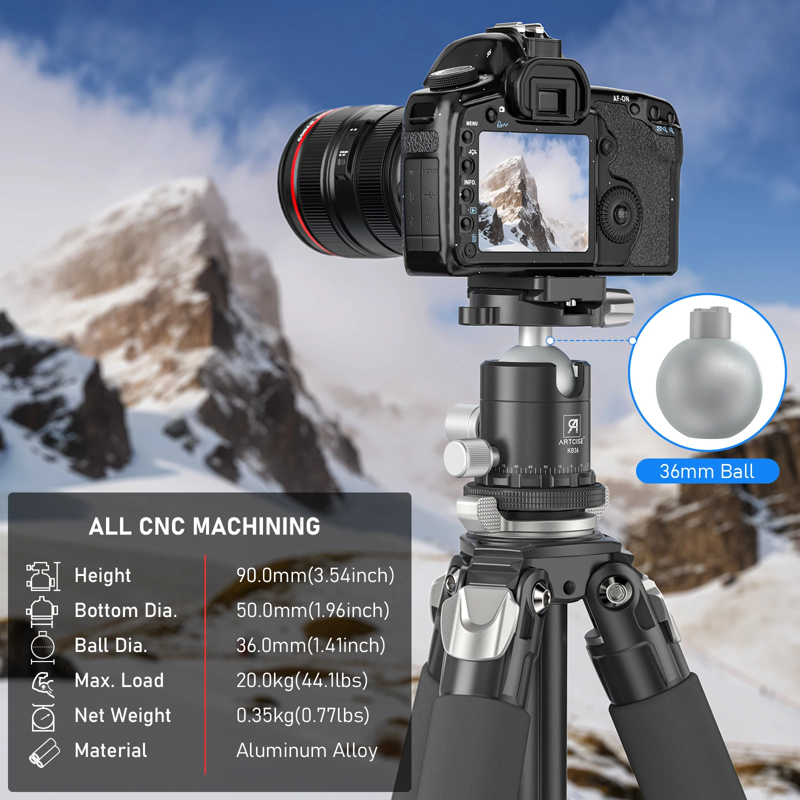 Artcise-Cabezal de bola KB36, trípode profesional de aleación de aluminio CNC completo, 360 ° panorámico, carga máxima de 20kg, para trípode, monopié, cámara