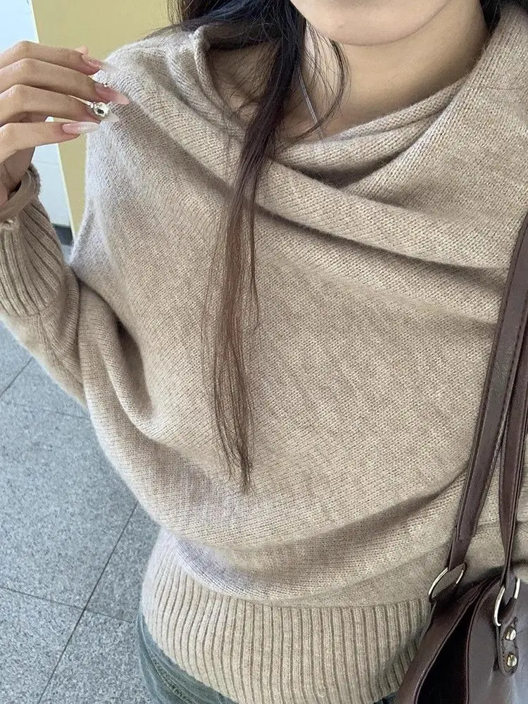 

Deeptown Elegant Old Money Women Sweater Sweet Long Sleeve Off Shoulder Korean Fashion Knitted Pullovers Loose All-match Winter
