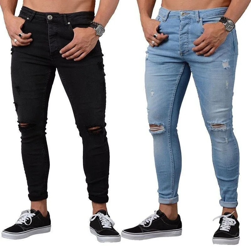 

Men Jeans Fashion Slim Fit Pencil Pant Solid Ripped Hole Europe America Denim Zipper Fly Black Blue Stonewashed Strech Trousers