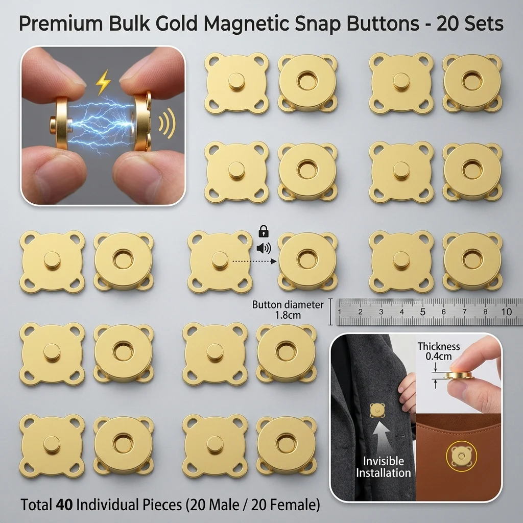 Snap Fastener Set - 20 Sets Magnetic Snap Buttons 18mm