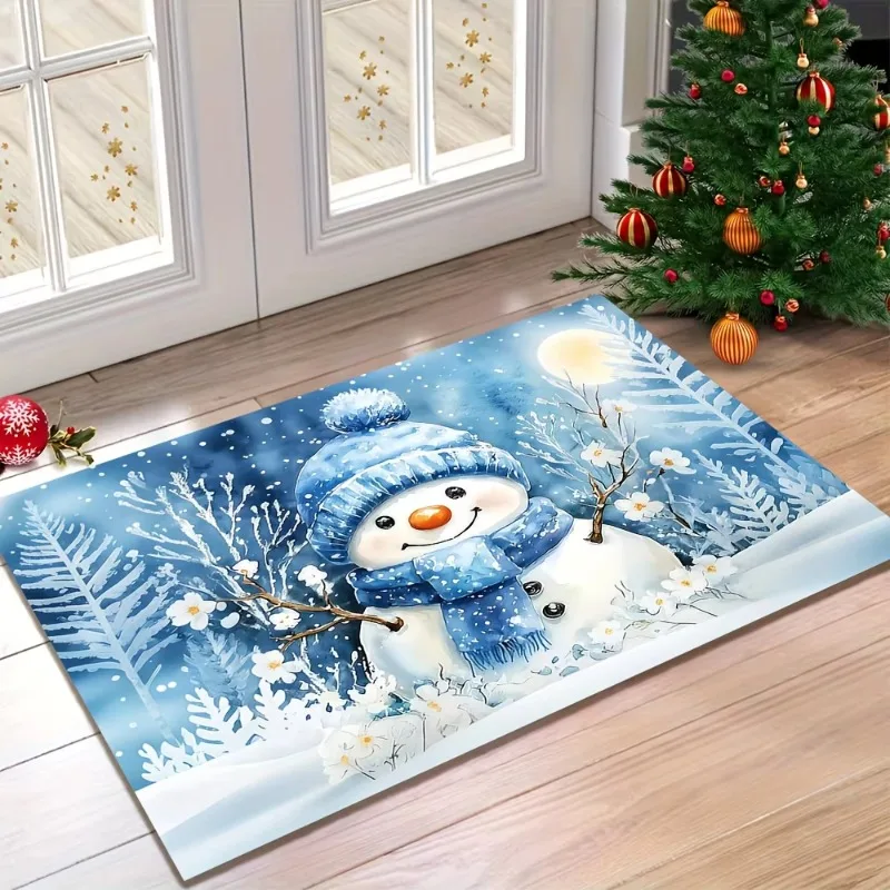 Blue Watercolor Snowman Doormat Winter Moon Floral Snow Scene Print Entryway Floor Mat for Front Door Indoor Home Decor
