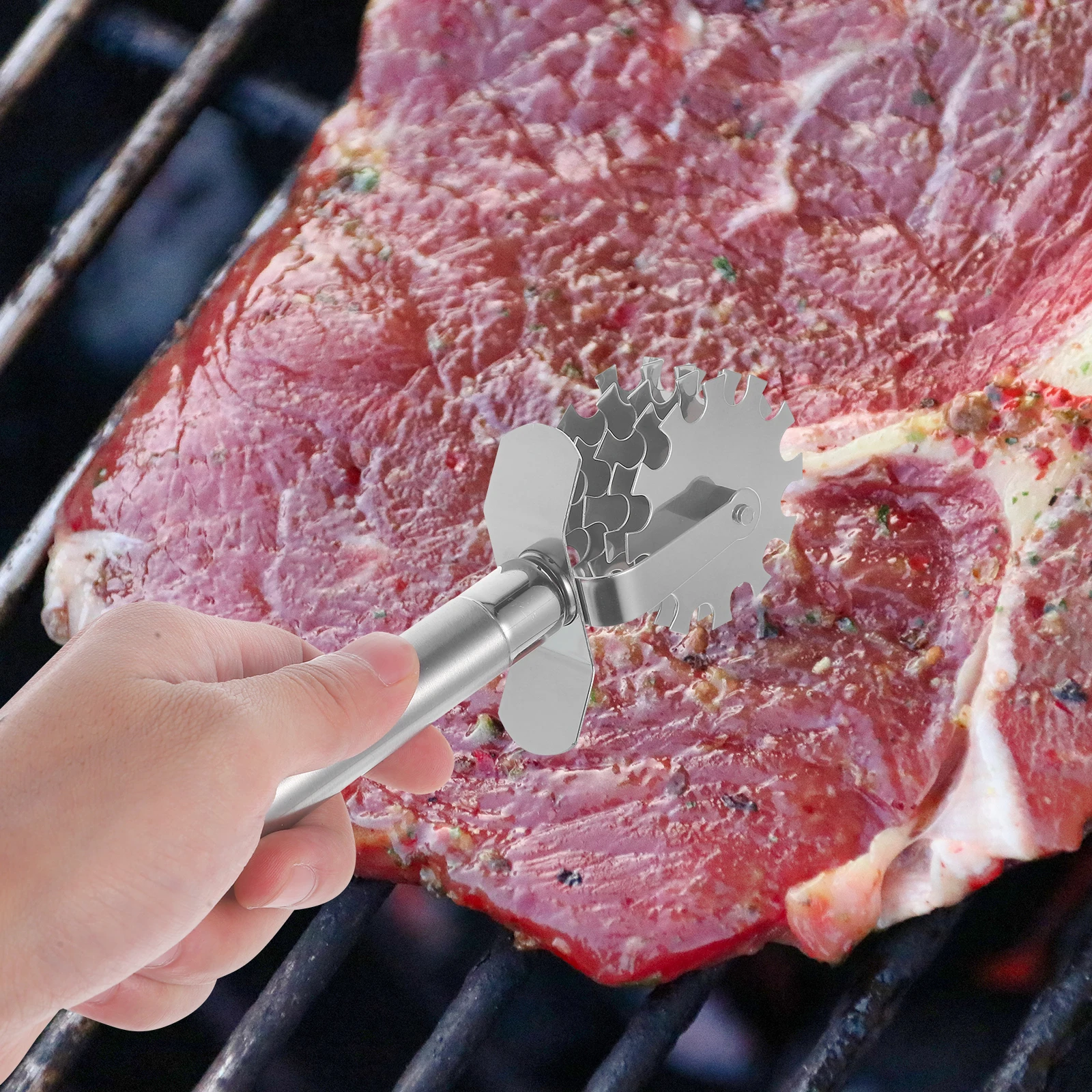 

1pc Stainless Steel Meat Tenderizer 5 Wheel Masher Tool Silver Manual Twist Gadget Kitchen Cooking Steak Pork Beef Softener