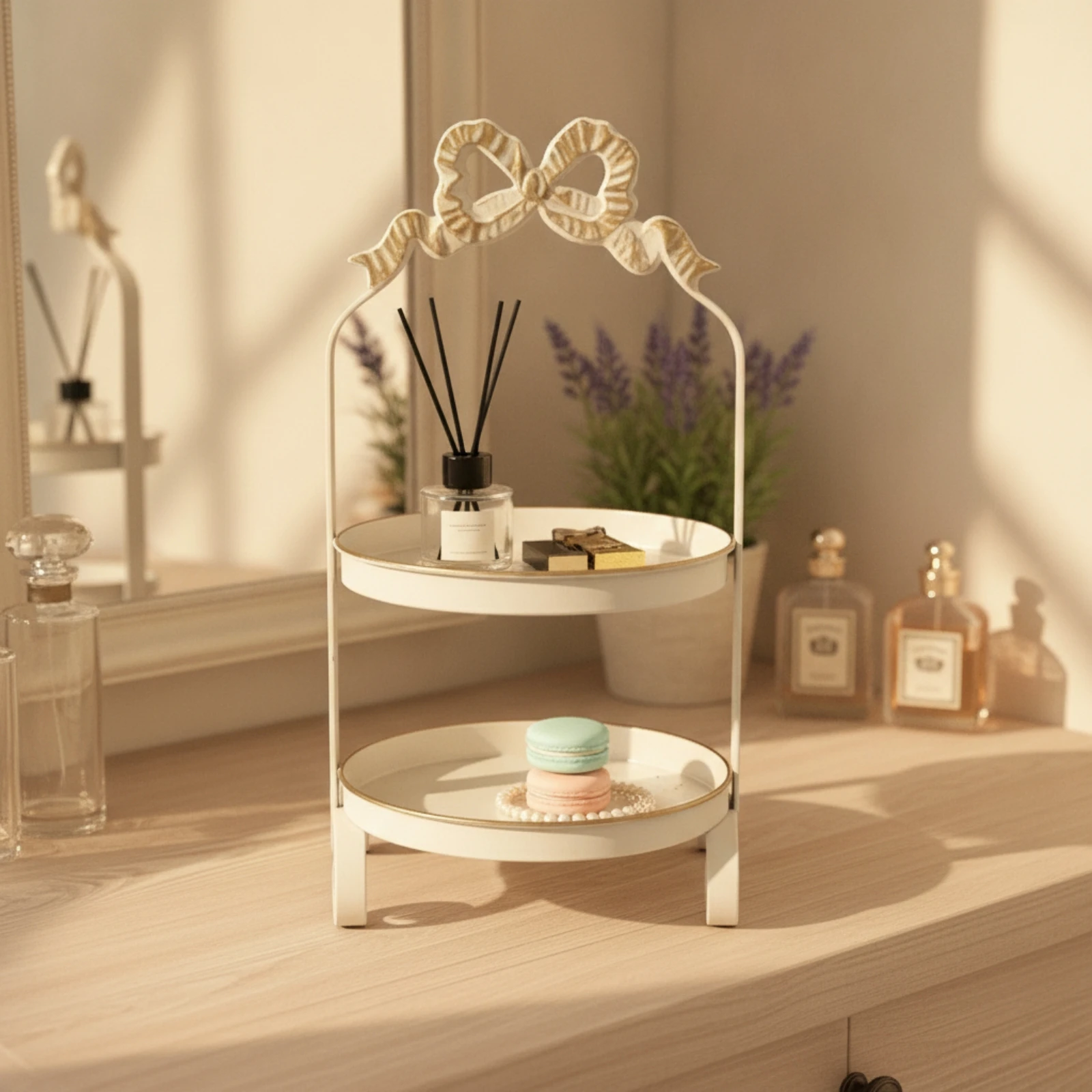 Two-Tier Tray Rack Gold-Rimmed Round Tray Rack with Bow Top Dessert Display Stand Decorative Compact for Vanity, Countertop