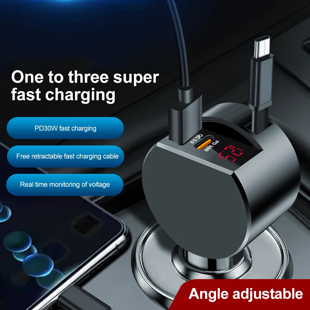 

Car Charger Super Fast Car Phone Charger 3 in 1 PD30W USB Car Phone Charger with Retractable Cable Intelligent Digital Display