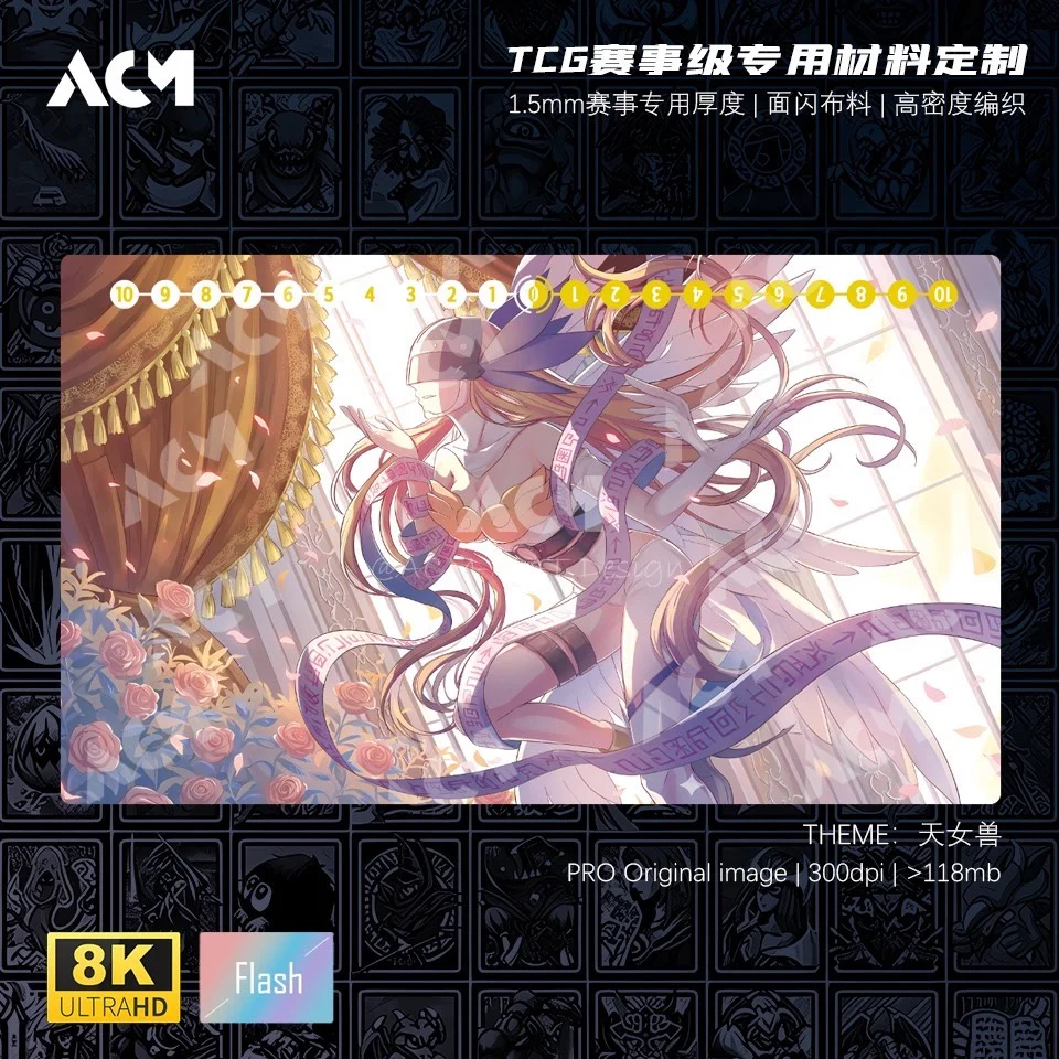 600x350mm Diy Digimon TCG Angewomon Custom Playmat 1.5mmSeamless Edges Single Rubber Flash Board Game Card Mat Mouse Pad Gifts